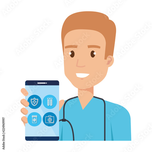 medical surgeon with smartphone avatar character