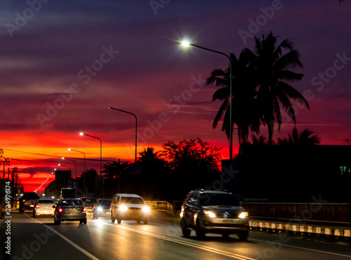 Sunset light behind the coconut trees and the road. © Nueng