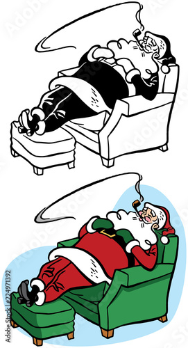 Santa Claus lounges and relaxes on a chair while smoking his pipe.