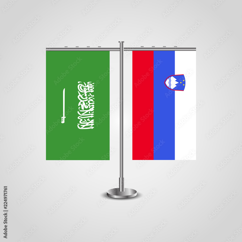 Table stand with flags of Saudi Arabia and Slovenia.Two flag. Flag pole. Symbolizing the cooperation between the two countries. Table flags Table stand with flags of Saudi Arabia and Slovenia.Two flag. Flag pole. Symbolizing the cooperation between the two countries. Table flags