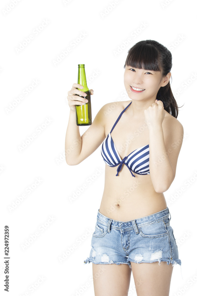 Chinese woman holding bottle of beer isolated on white background Chinese woman holding bottle of beer isolated on white background