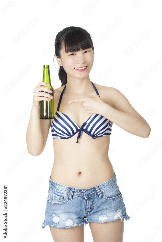 Chinese woman holding bottle of beer isolated on white background Chinese woman holding bottle of beer isolated on white background
