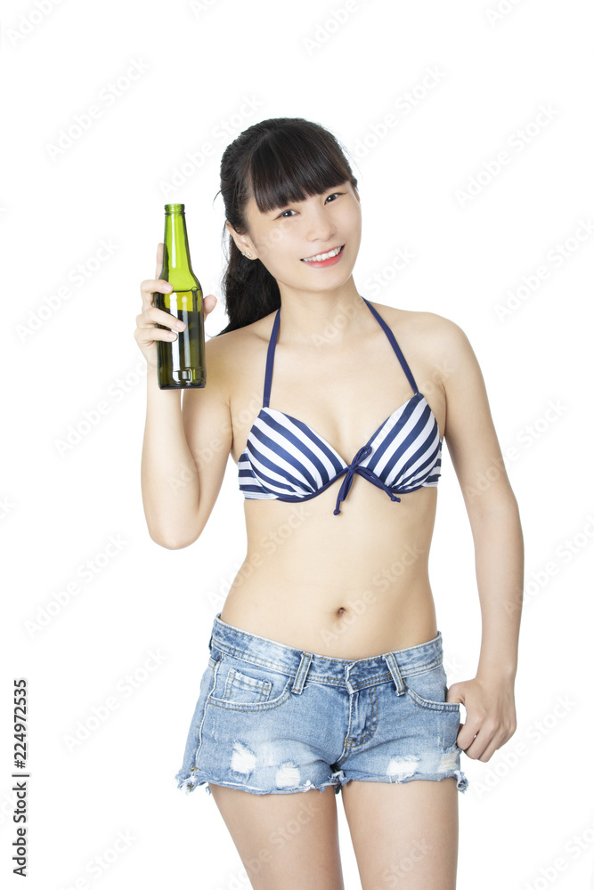 Chinese woman holding bottle of beer isolated on white background Chinese woman holding bottle of beer isolated on white background