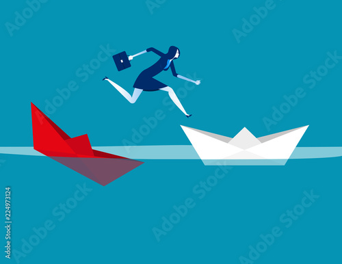 Businesswoman escaping sunken paper boat ship. Concept business vector illustration, Flat character design, Cartoon business style.