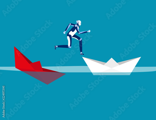 Robot escaping sunken paper boat ship. Concept business vector illustration, Flat character design, Cartoon business style.