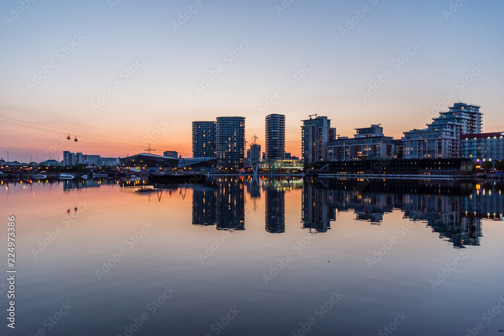 Apartment Buildings and Reflections at Docklands London at Sunset