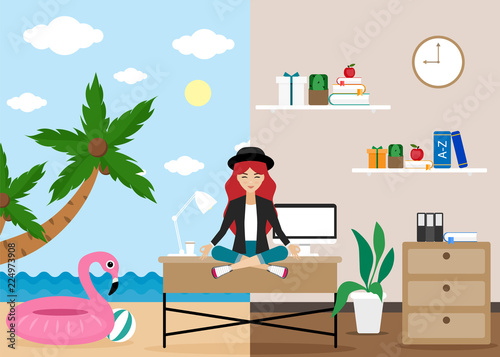 Girl freelancer sitting on the table, she is a happy worker. Thinking about rest, free work on freelance job. Vector illustration.