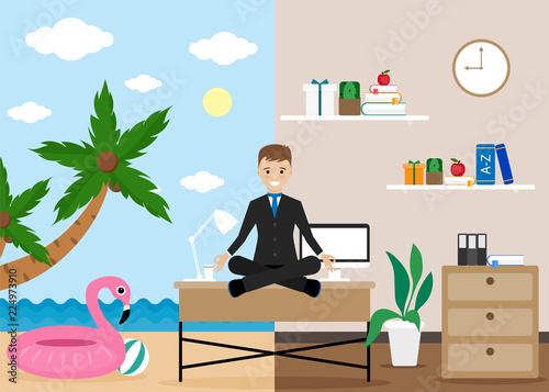 Man freelancer sitting on the table, she is a happy worker. Thinking about rest, free work on freelance job. Vector illustration.