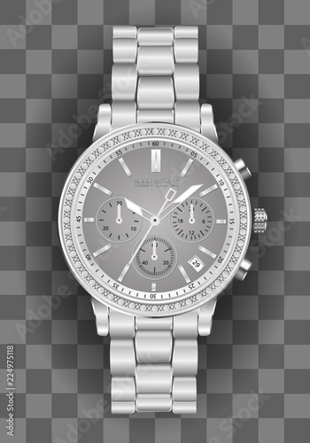 Realistic clock chronograph watch for men silver diamond grey face on checkered background luxury vector illustration.