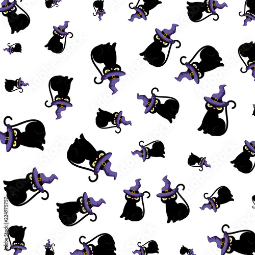 halloween black cats with witch hat pattern