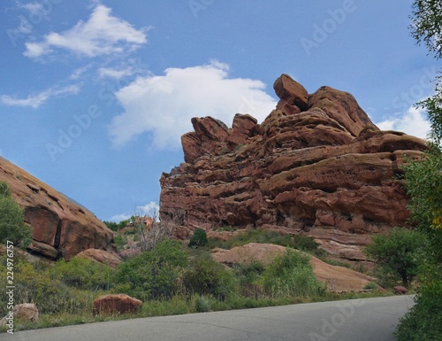 The Red Rocks Park and Ampitheatre in Morrison, Colorado is known for beautiful red rock formations, just about 10 miles west from Denver.