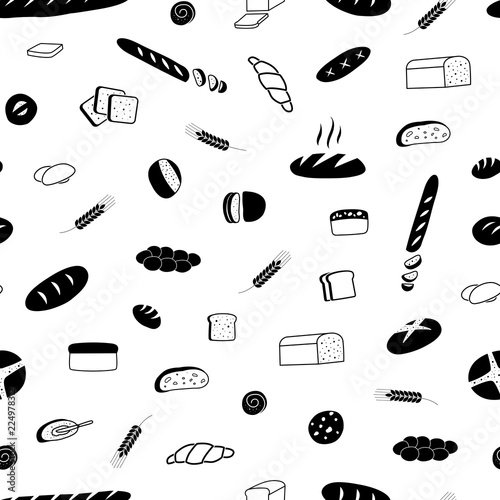 Vector seamless pattern of different kinds of bread. Bakery prod