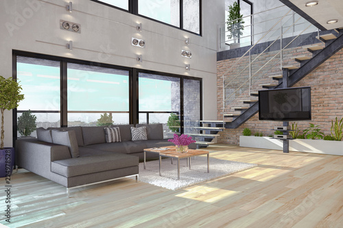 Modernes Loft mit großen Fenster - Helles Wohnzimmer mit einer großen Couch und einer Treppe