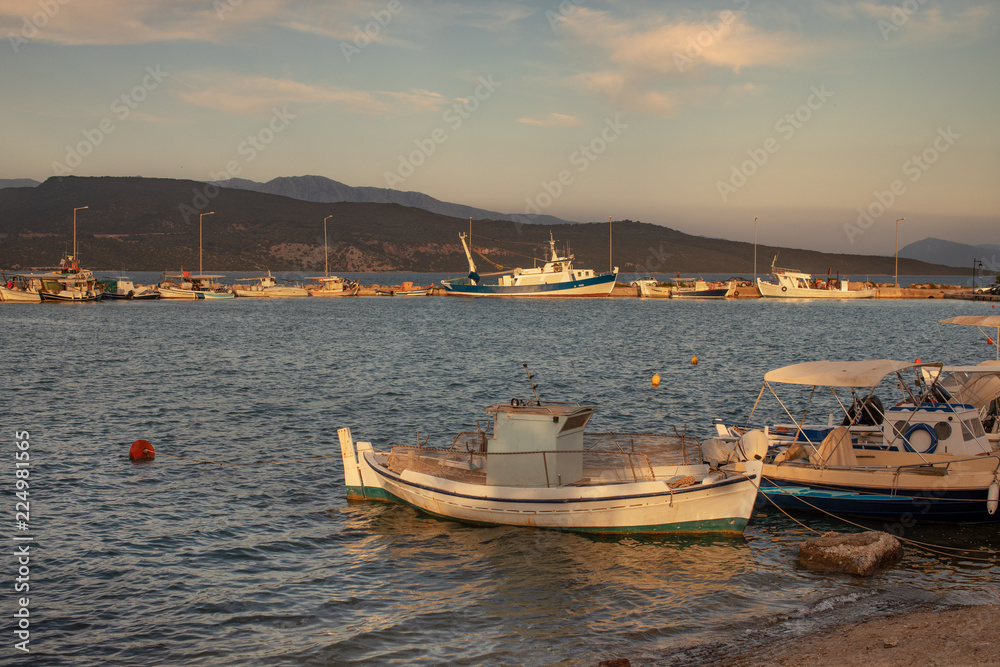 Wide view of the port of Ligia, Lefkada, Greece