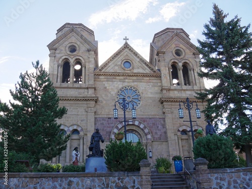 Front of the Cathedral Basilica of St. Francis of Assisi in Santa Fe, New Mexico. The cathedral was built in the 1800s.