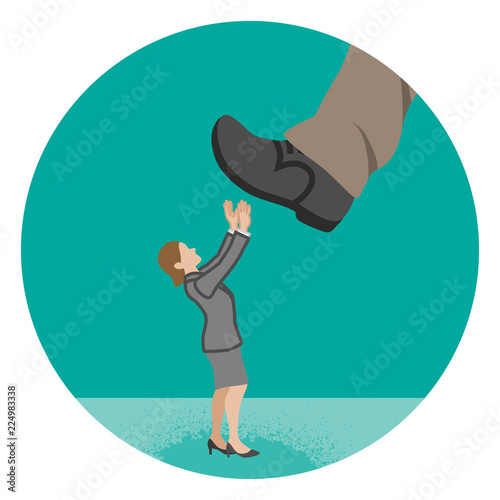 Businesswoman who is nearly trampled by the huge foot - Power harassment concept art
