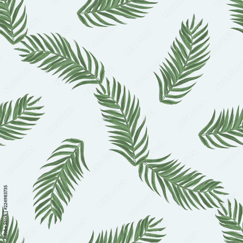 Palm leaf seamless pattern background. Beach seamless pattern wallpaper of tropical leaves of palm trees. Vector illustration.