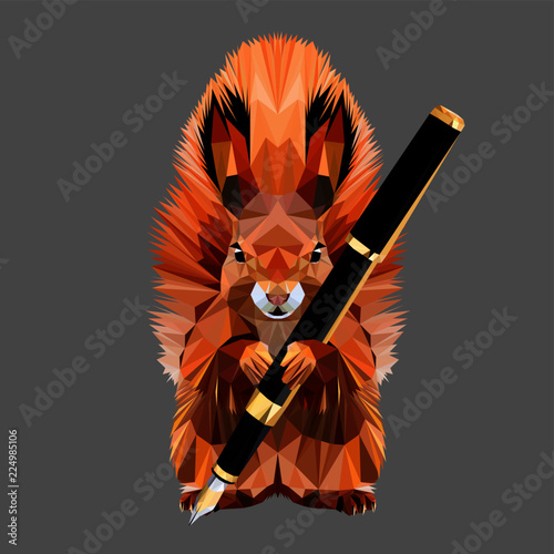 Drawing squirrel with fluffy ears and tail, with a fountain pen in the paws, low poly triangular vector illustration. 