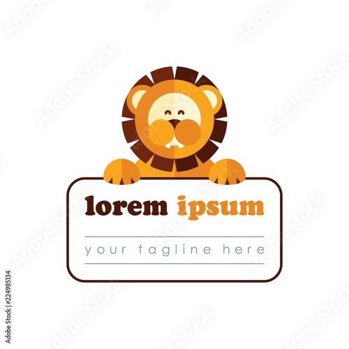 Funny drawn orange head of lion logo template. For children's educational clubs, toy stores and nurseries. Vector illustration.