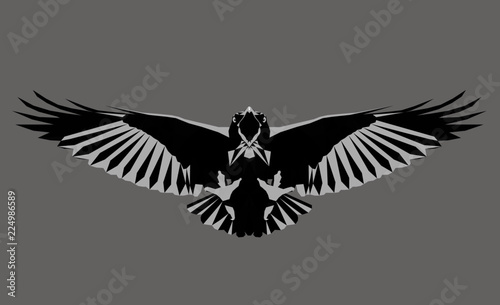 Monochrome crow. Low poly triangular raven in flight on grey background, symmetrical vector illustration EPS 8 isolated. Polygonal style trendy modern logo design. Suitable for printing on a t-shirt.