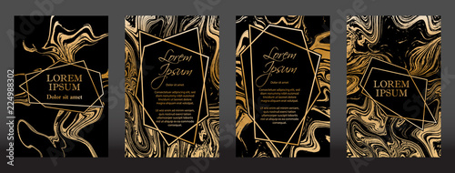 Gold marble texture and geometric frames on black backgrounds vector set. Luxury design for brochure, banner, vip invitation, cover, business card. Gold foil black marble pattern texture and frames.