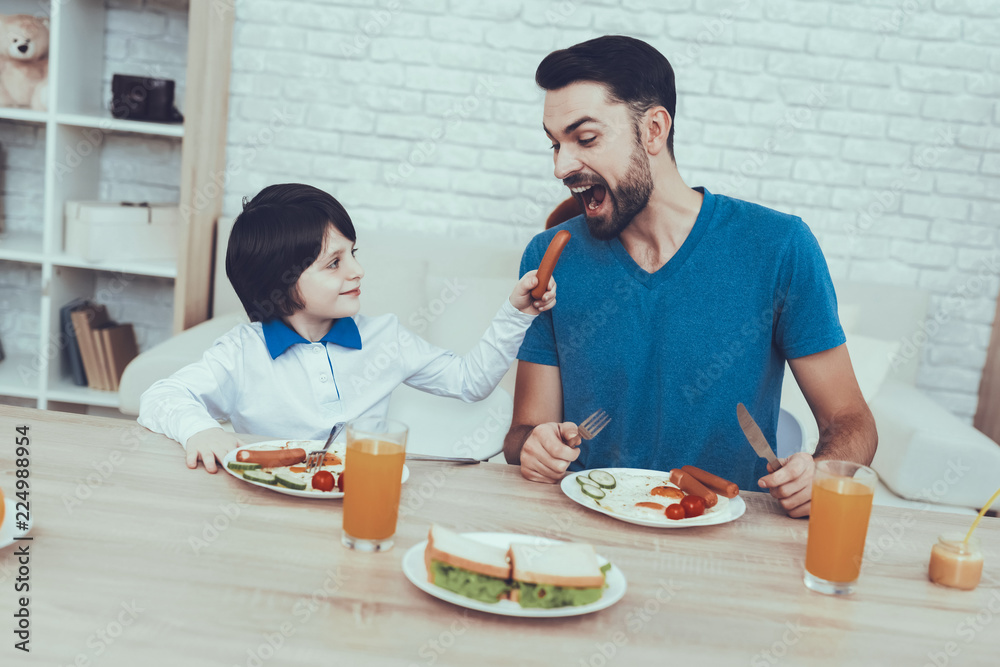 Sausages. Having Breakfast. Happy Together. Boy. Sausages. Having Breakfast. Happy Together. Boy.