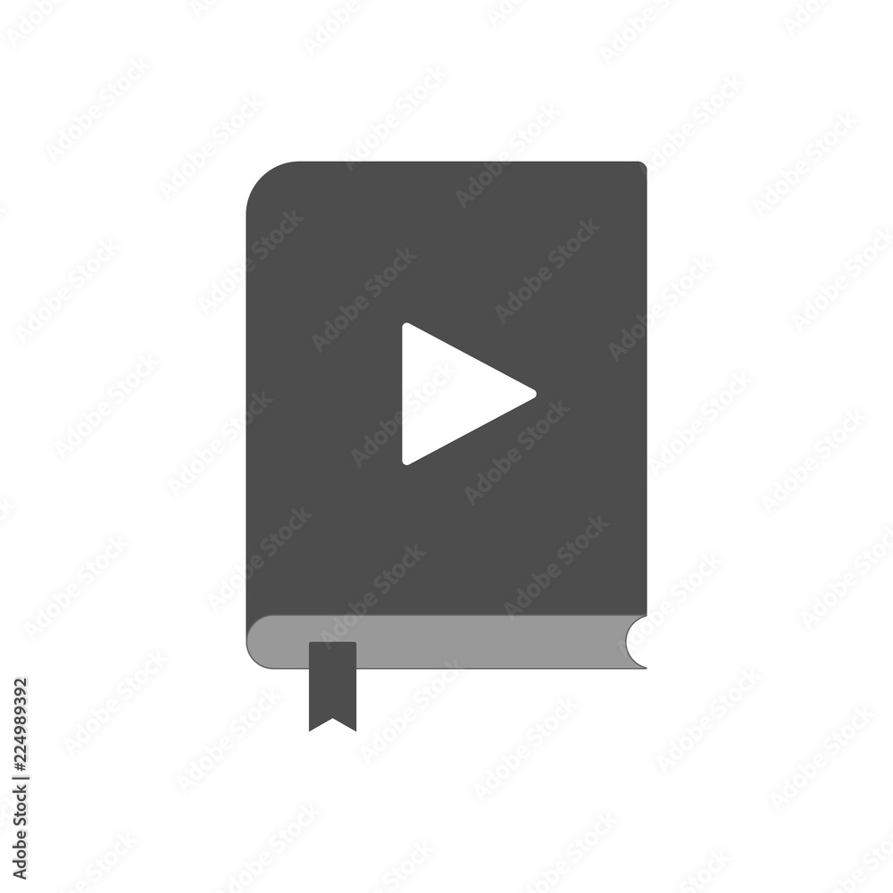 Audiobook player icon. Closed book with bookmark and play button on cover. Vector. Audiobook player icon. Closed book with bookmark and play button on cover. Vector.