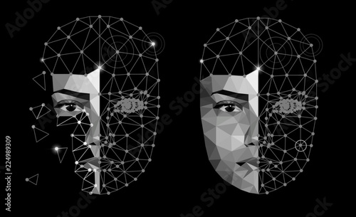 Face Recognition Biometric Scanning System Concept Abstract Tech background Low Polygon Human Face Scanning Black Template Background Vector Illustration Monochrome