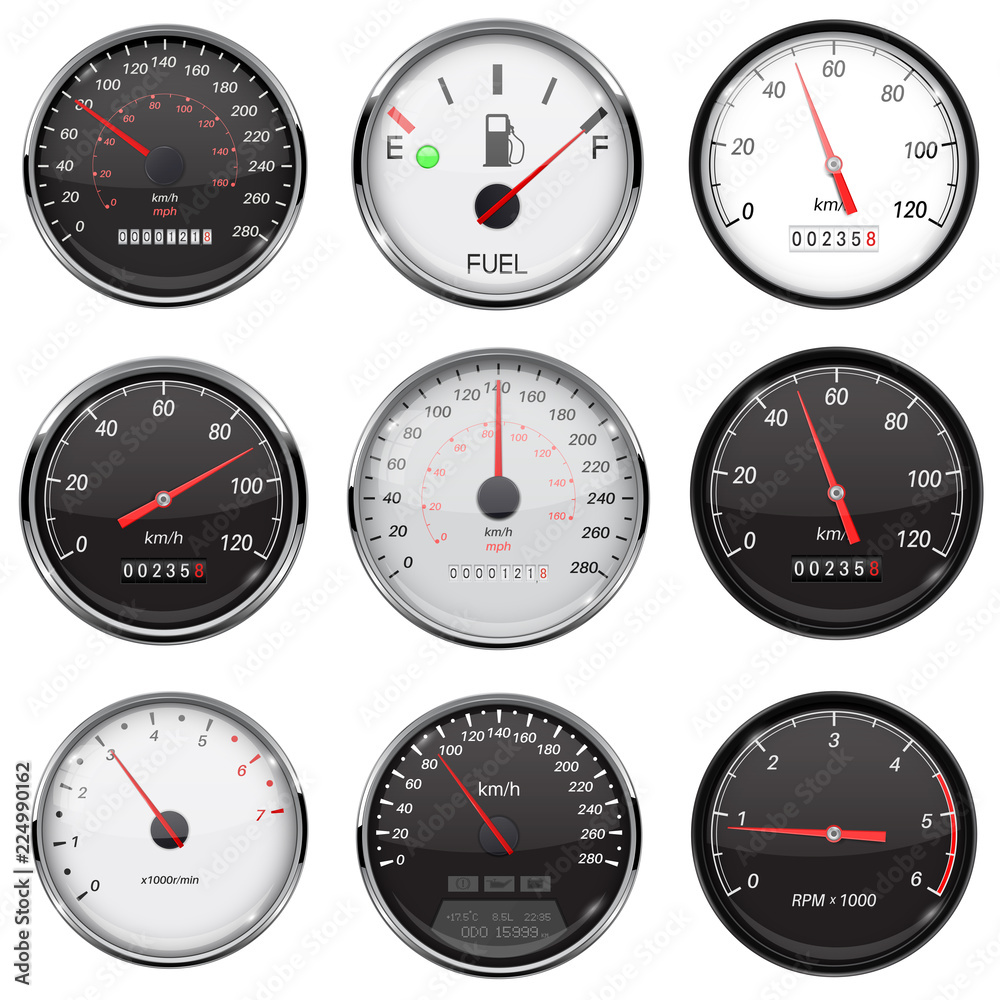 Car dashboard gauges. With metal frame. Collection of speed, fuel devices