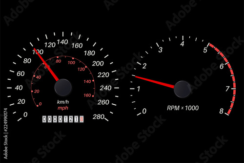 Tachometer and speedometer scale on black background