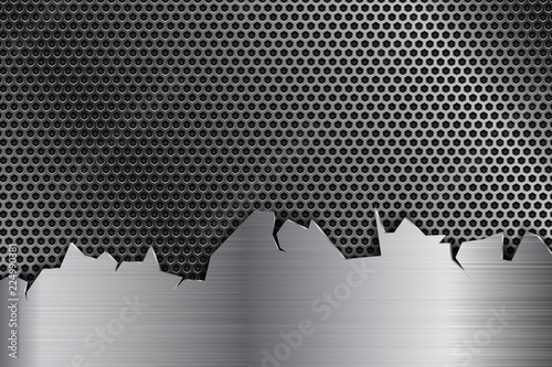 Metal perforated background with stainless steel element with torn edges