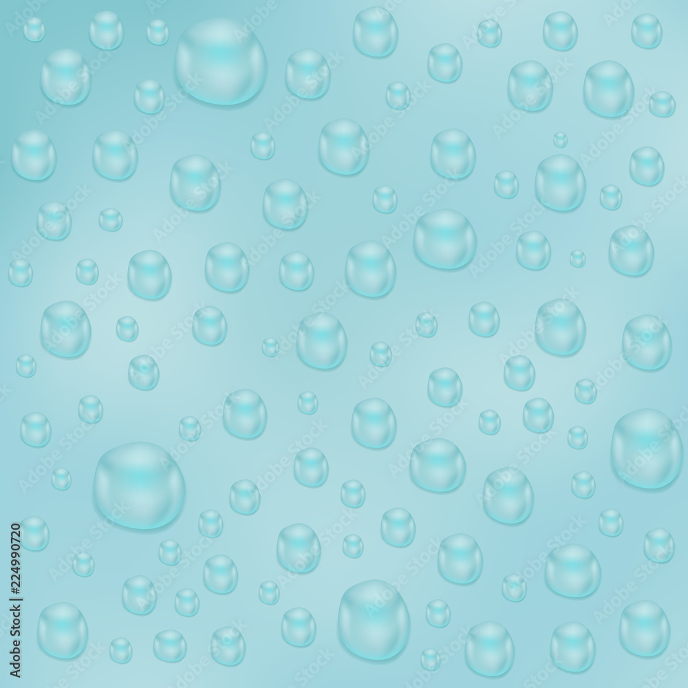 Water background with water drops. Blue water bubbles on glass surface