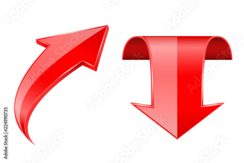 Red 3d arrows. Up and down bent shiny icons