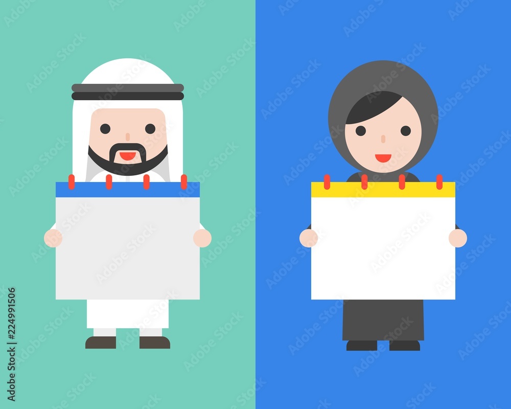 Arab businessman and arab woman holding blank calendar Arab businessman and arab woman holding blank calendar