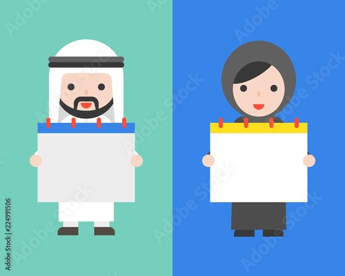 Arab businessman and arab woman holding blank calendar