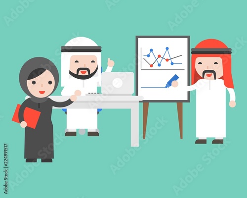 Arab businessman writing graph, using laptop, discuss and conference about company turnover