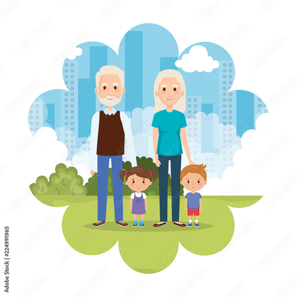 grandparents with grandson and granddaughter in park grandparents with grandson and granddaughter in park