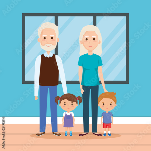 grandparents with grandson and granddaughter in house