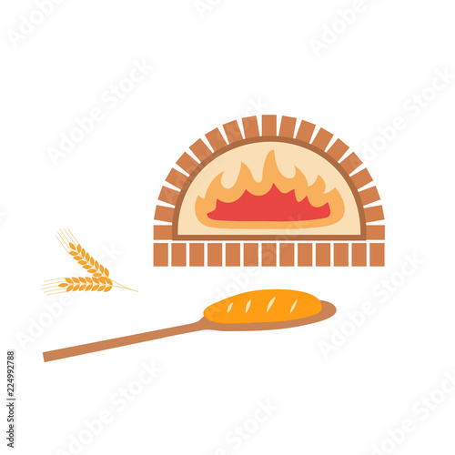 Vector illustration of brick oven and baked bread on the shovel.