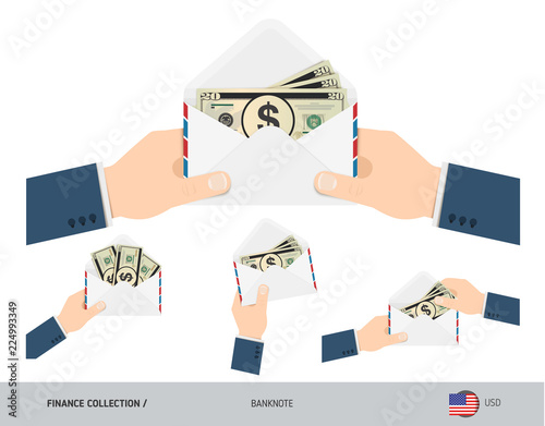 20 US Dollar Banknotes in envelope hold in hand. Set of flat style opened white envelopes with cash. Salary payout or corruption concept.