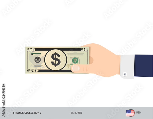 20 US Dollar Banknote. Hand gives money. Flat style vector illustration. Salary payout or corruption concept.