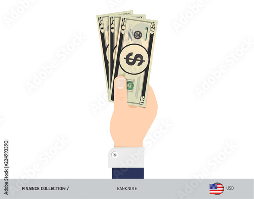 20 US Dollar Banknote. Hand gives money. Flat style vector illustration. Salary payout or corruption concept.