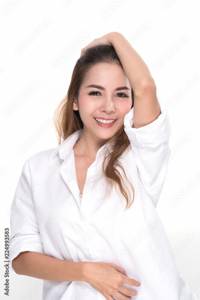 Beautiful asian woman (ages 20-30 years) happy face, smiling face, both hands catching cheek on white background. Beautiful asian woman (ages 20-30 years) happy face, smiling face, both hands catching cheek on white background.