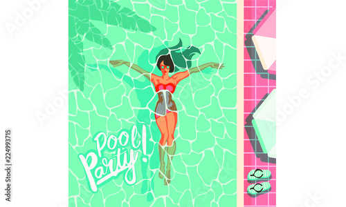 beautiful woman lying on the beach towel near swimming pool top view of pretty girl, summer holiday and summer camp poster traveling template poster badge vector illustration party, girl swims in the 