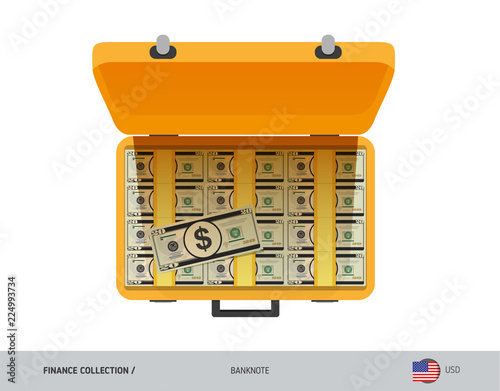 Yellow case with 20 US Dollar Banknotes. Flat style vector illustration. Salary payout or corruption concept.
