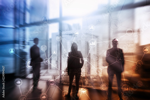 Double exposure Business organization structure on blurred background.