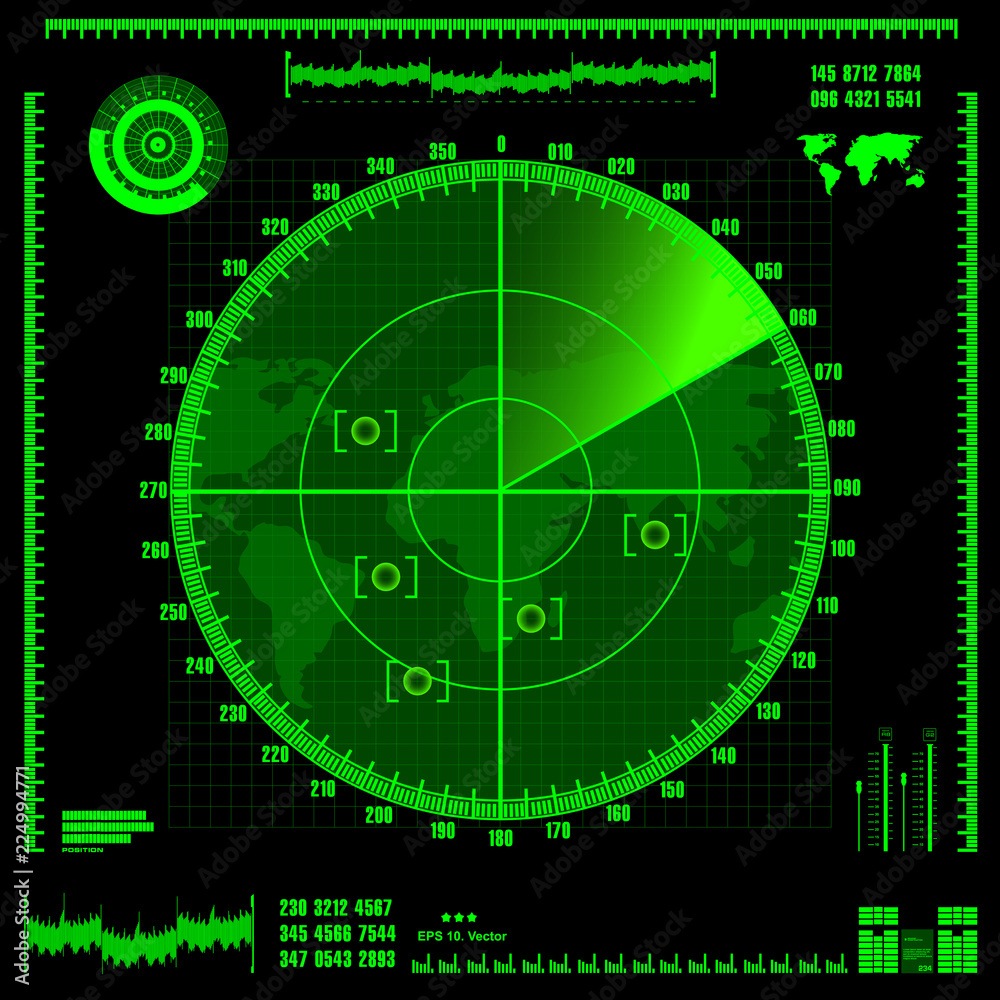 Green radar screen on black background, HUD interface Green radar screen on black background, HUD interface