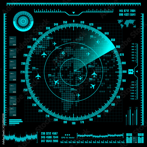 Blue radar screen with planes and world map. Vector EPS10.