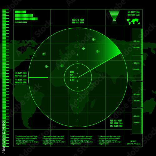 Green radar screen on black background, HUD interface