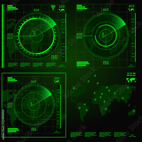 Green radar screen on black background, HUD interface